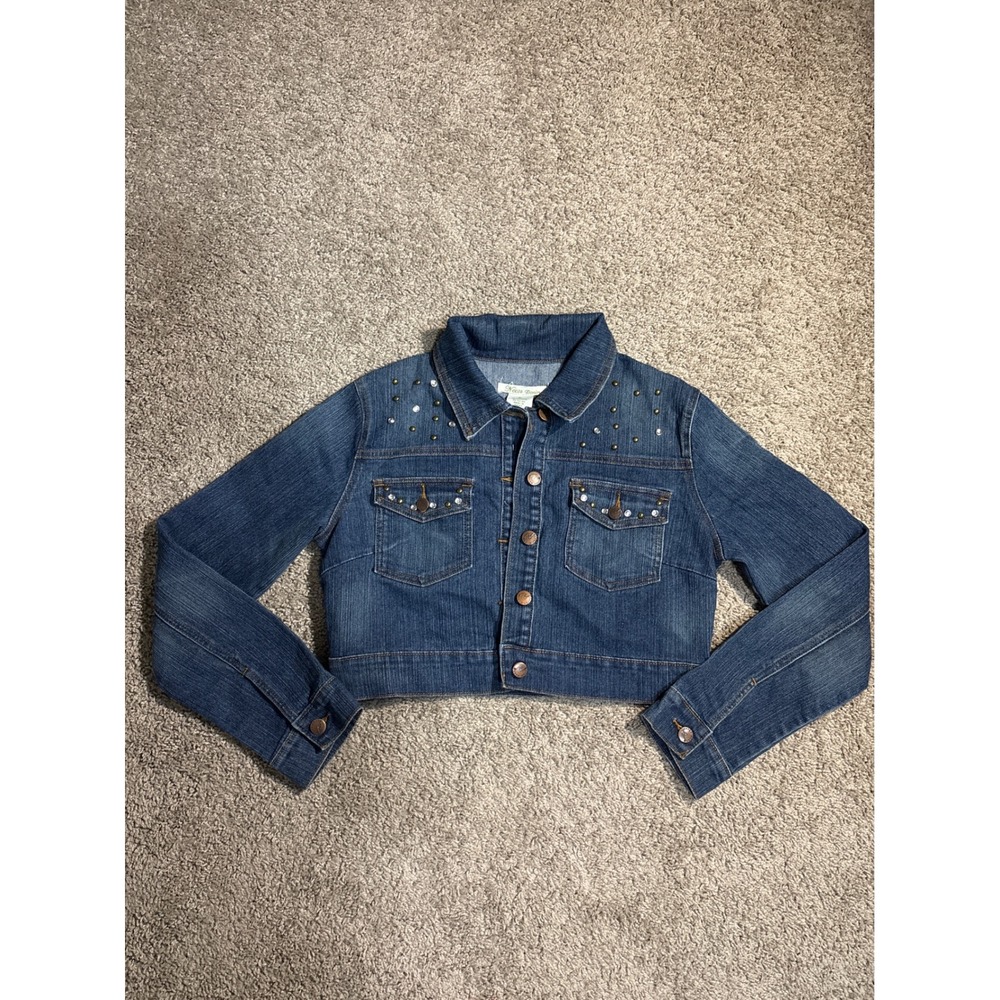 Y2K Neeso Denim Cropped Jacket Medium Wash Studded Rhinestone Blue Size M